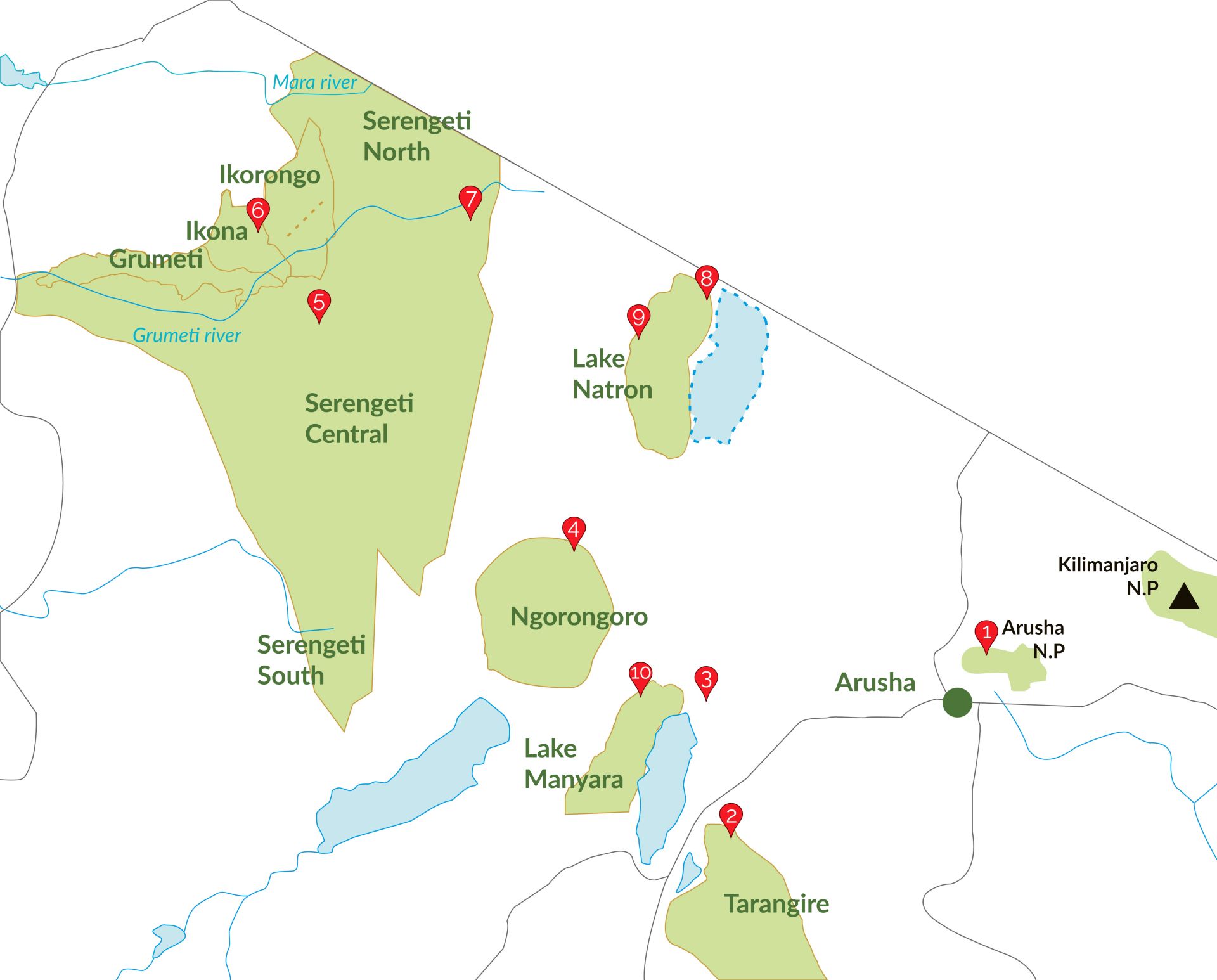 Mapa del safari de 10 días en Tanzania