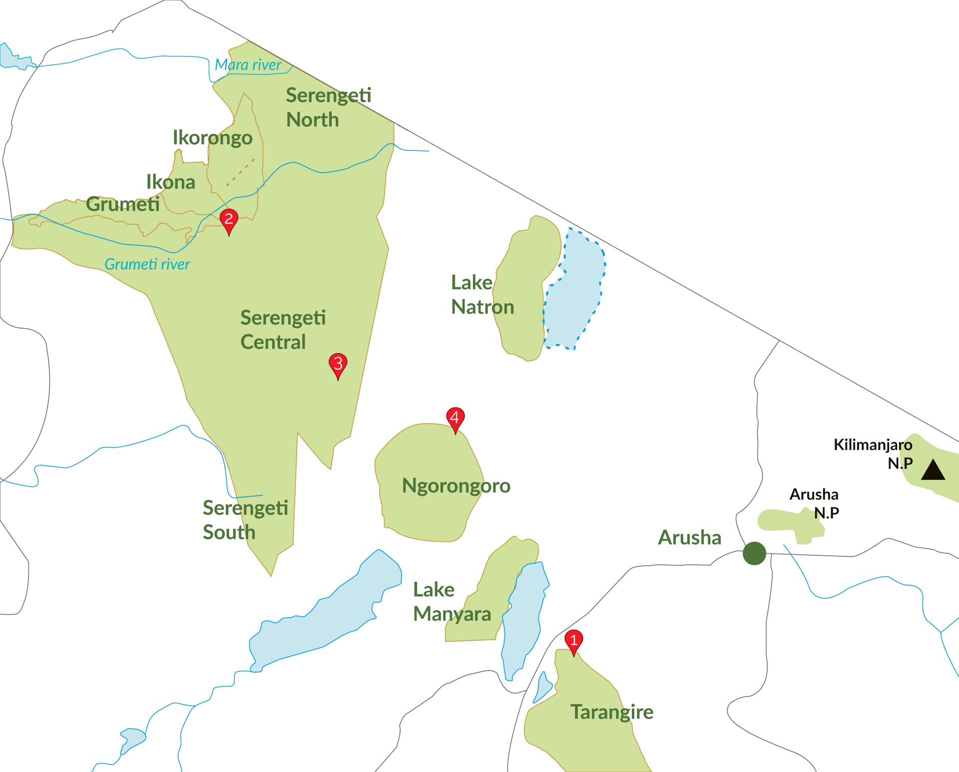 Safari de 4 días Mapa de los Parques del Norte