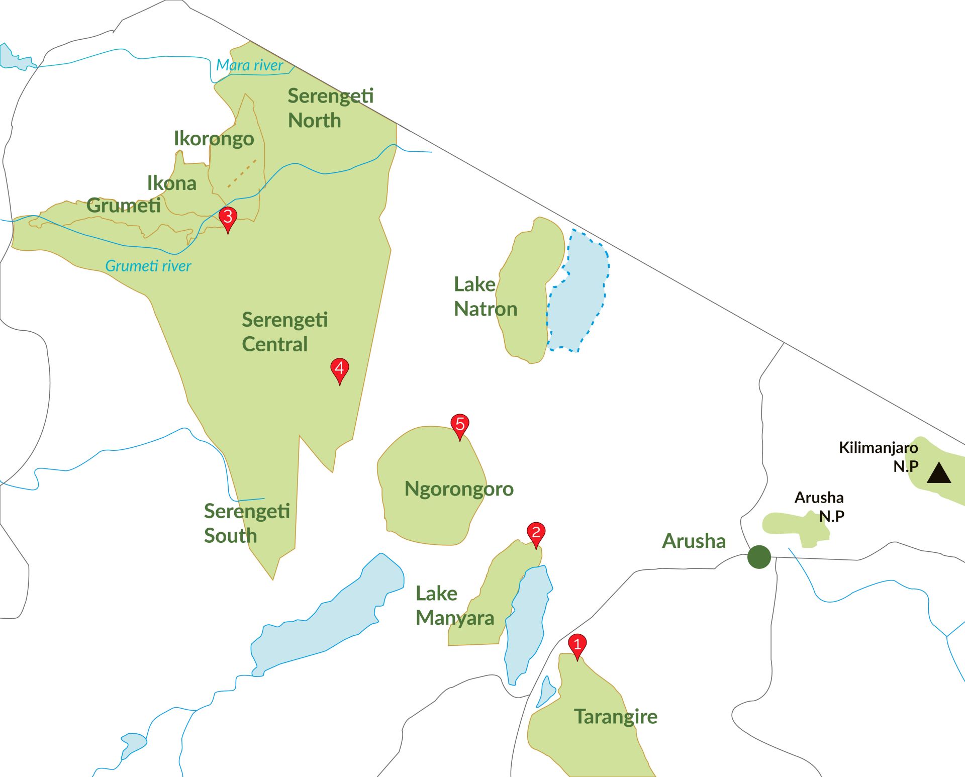 Mapa del safari de 5 días en Tanzania