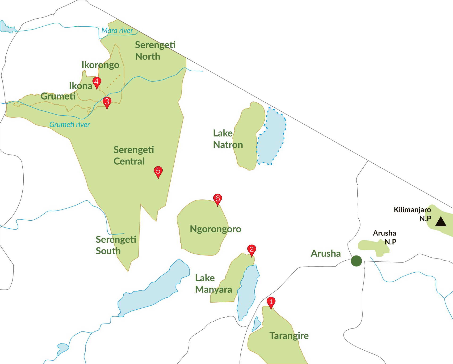 Safari de 6 días en el norte de Tanzania Mapa