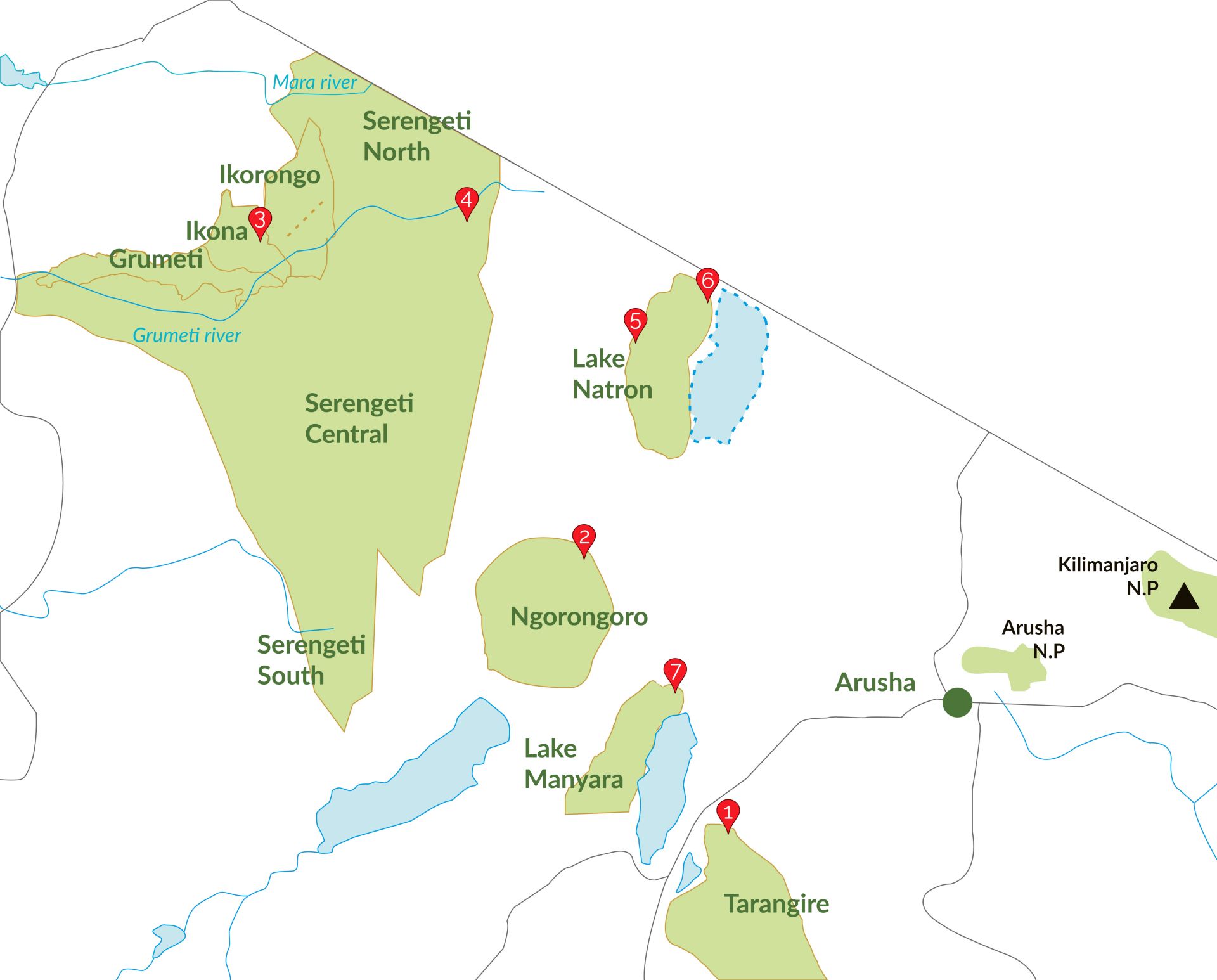 Mapa del safari de 7 días en Tanzania